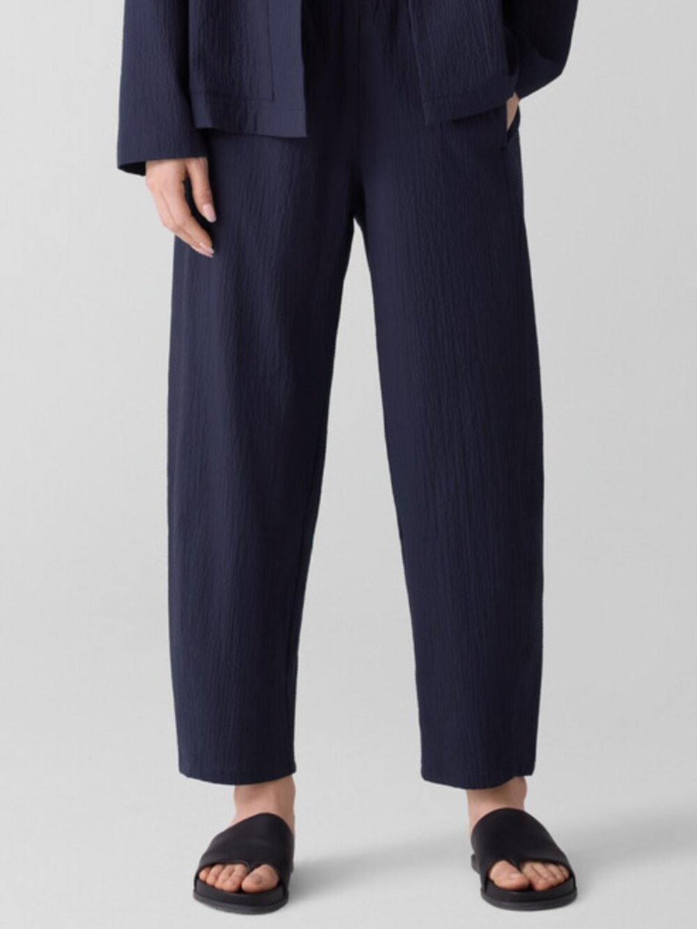 Eileen Fisher Navy Blue Stretch Crinkled Pucker Organic Cotton Crop Pants Large